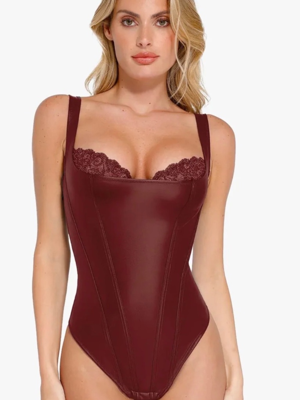 Popilush Burgundy Faux Leather Bodysuit